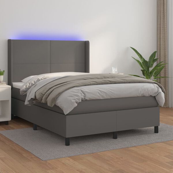 vidaXL Cama box spring c/ colch&atilde;o/LED 140x190cm couro artificial cinza
