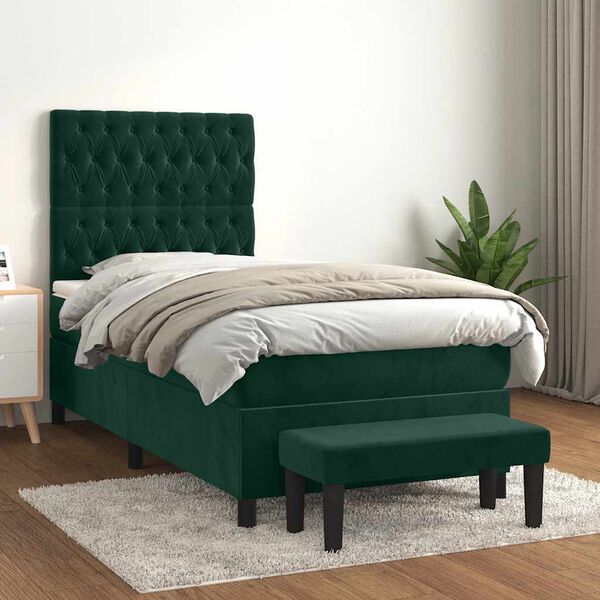 vidaXL Cama com molas/colch&atilde;o 100x200 cm veludo verde-escuro