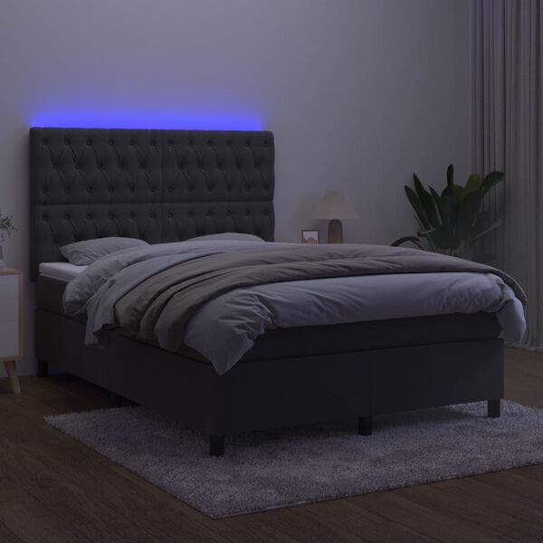 vidaXL Cama box spring c/ colch&atilde;o/LED 140x190cm veludo cinzento-escuro