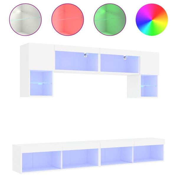 vidaXL 6pcs m&oacute;veis de parede p/ TV c/ LEDs derivados de madeira branco