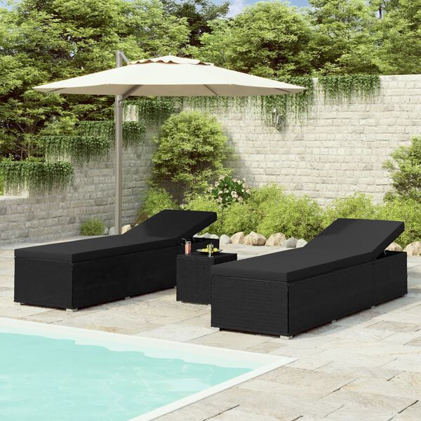 vidaXL 3 pcs espreguiçadeiras jardim c/ mesa de centro vime PE preto
