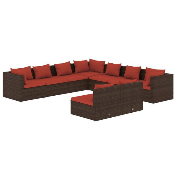 vidaXL 9 pcs conjunto lounge jardim c/ almofad&otilde;es vime PE castanho
