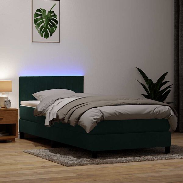 vidaXL Cama box spring c/ colch&atilde;o e LED 90x220 cm veludo verde-escuro