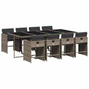 vidaXL 9 pcs conjunto de jantar p/ jardim c/ almofad&otilde;es vime PE cinza