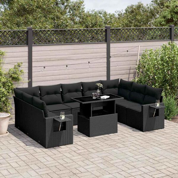 vidaXL 10 pcs conjunto sof&aacute;s de jardim c/ almofad&otilde;es vime PE preto
