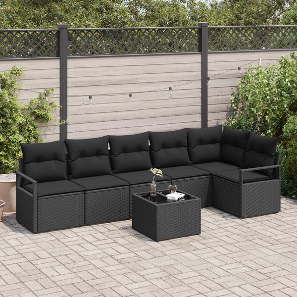vidaXL Conjunto de Sof&aacute;s com almofada 7 pcs Preto vime PE