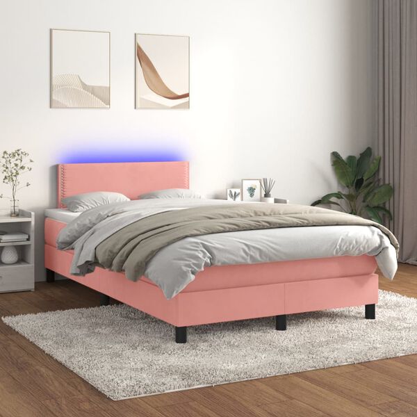 vidaXL Cama box spring c/ colch&atilde;o/LED 120x200 cm veludo rosa