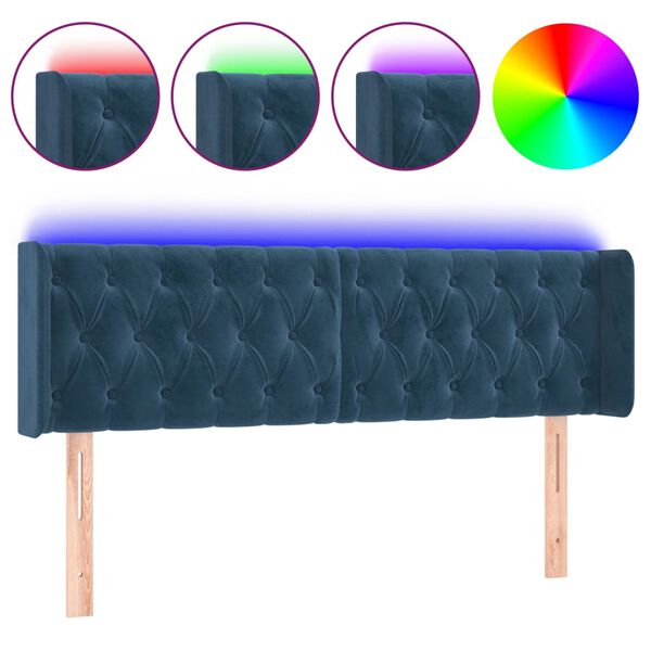 vidaXL Cabeceira cama c/ luzes LED veludo 147x16x78/88 cm azul-escuro