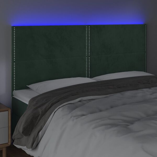 vidaXL Cabeceira de cama c/ LED veludo 200x5x118/128 cm verde-escuro
