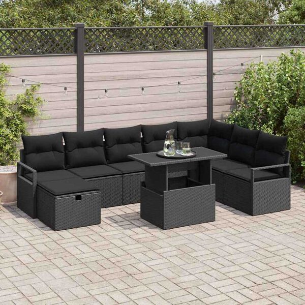 vidaXL Conjunto de Sof&aacute; de Jardim 9 pcs Preto Rattan Sint&eacute;tico