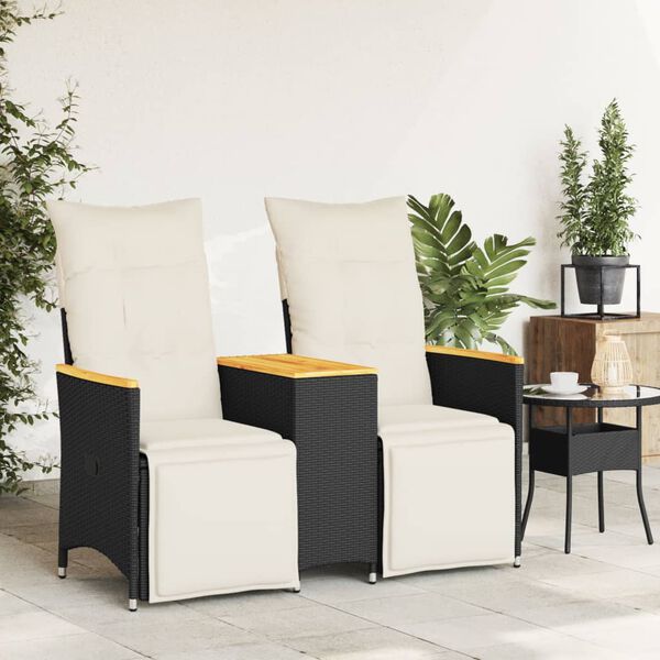 vidaXL Sofá de jardim reclinável 2 lugares com mesa vime PE preto