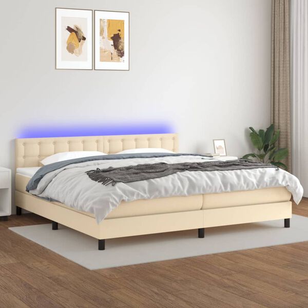vidaXL Cama box spring c/ colch&atilde;o e LED 200x200 cm tecido cor creme