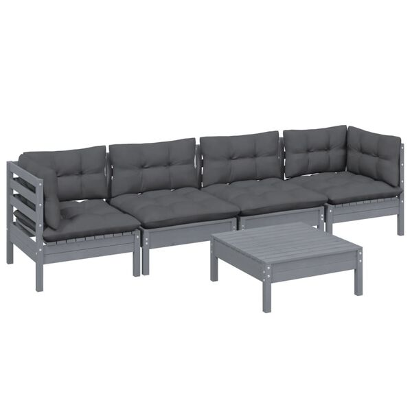 vidaXL 5 pcs conjunto lounge de jardim c/ almofad&otilde;es pinho maci&ccedil;o