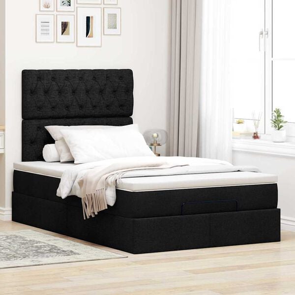 vidaXL Estrutura de cama otomana com colch&atilde;o preto 120x190 cm tecido