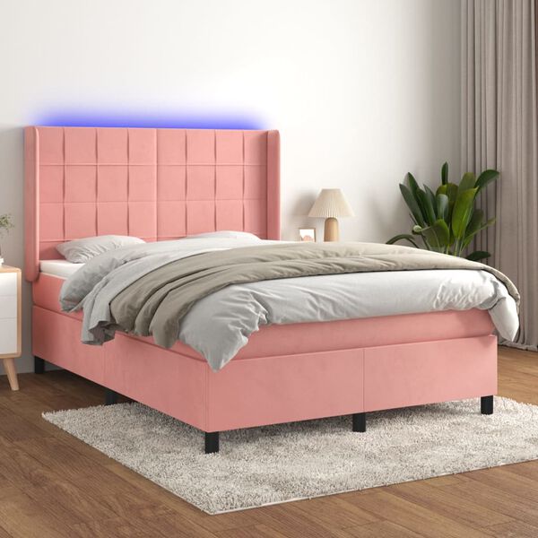 vidaXL Cama box spring c/ colch&atilde;o/LED 140x190 cm veludo rosa