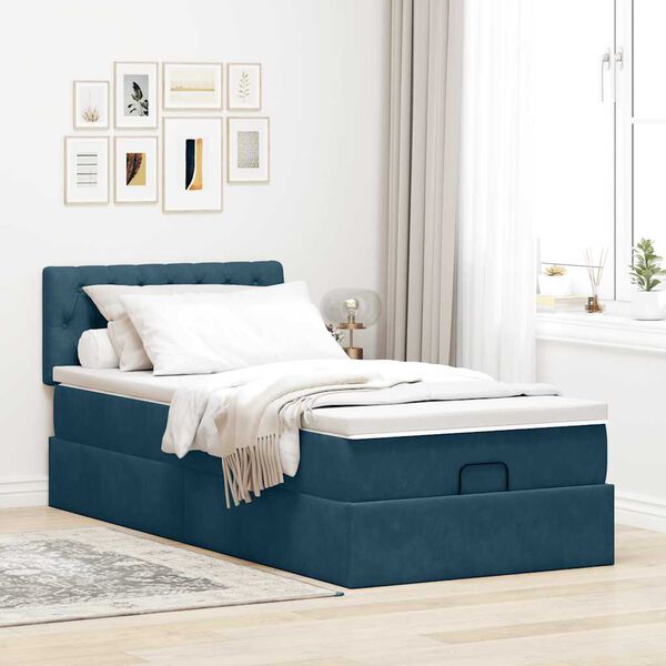 vidaXL Estrutura de cama otomana com colch&atilde;o azul escuro veludo