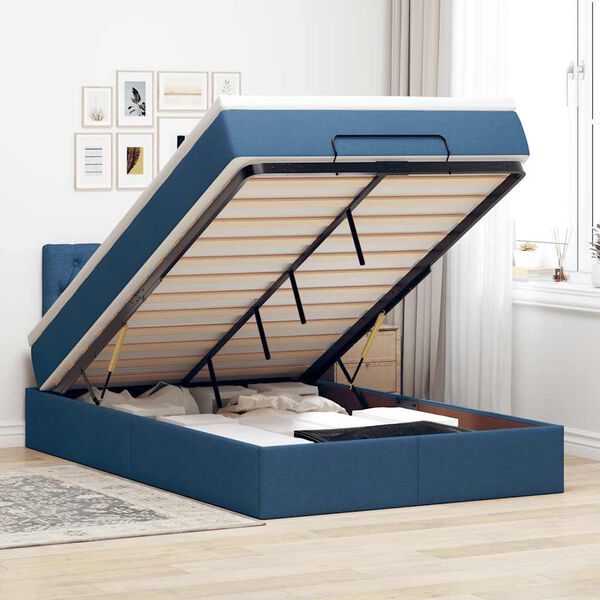 vidaXL Estrutura de cama otomana com colch&atilde;o 120x190 cm tecido azul