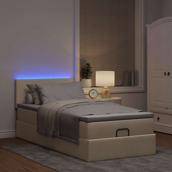 vidaXL Cama Otomana com colch&atilde;o & LEDs 90x200 cm tecido creme