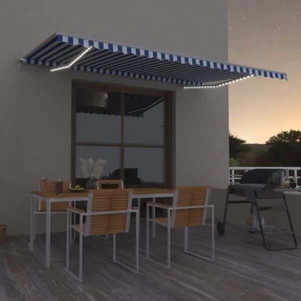 vidaXL Toldo retrátil manual com LED 500x350 cm azul e branco