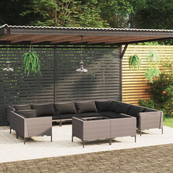 vidaXL 12 pcs conj. lounge jardim c/ almofad&otilde;es vime PE cinza-escuro