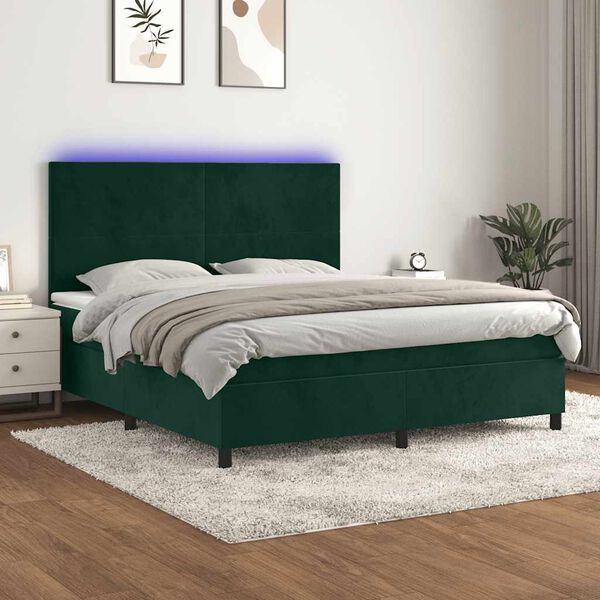 vidaXL Cama box spring c/ colch&atilde;o/LED 180x200 cm veludo verde-escuro
