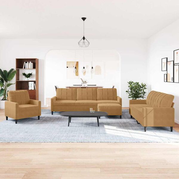 vidaXL 4 pcs conjunto de sof&aacute;s com almofad&otilde;es veludo castanho