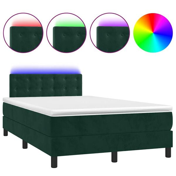 vidaXL Cama box spring com colch&atilde;o e luzes LED veludo verde-escuro