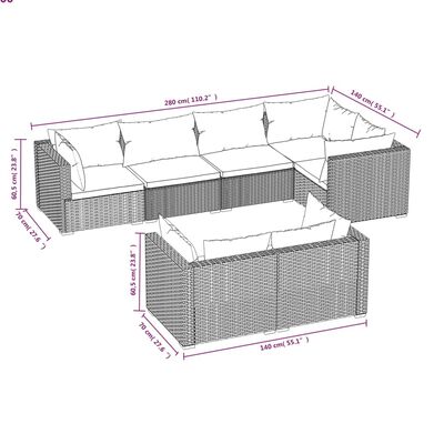 vidaXL 7 pcs conjunto lounge de jardim c/ almofadões vime PE preto