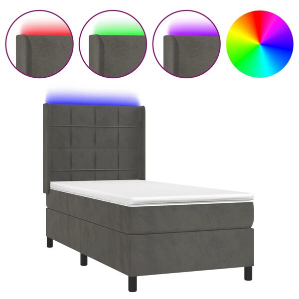vidaXL Cama box spring c/ colch&atilde;o/LED 90x200 cm veludo cinzento-escuro