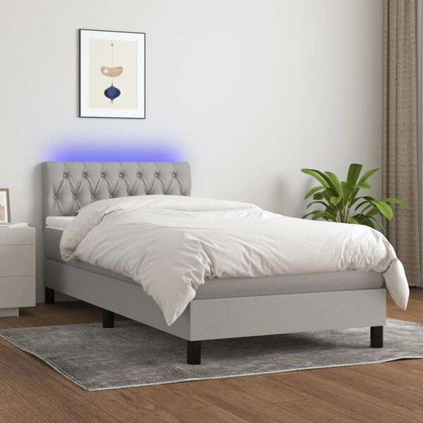 vidaXL Cama box spring c/ colch&atilde;o e LED 90x190 cm tecido cinza-claro