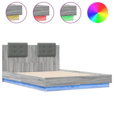 vidaXL Estrutura cama c/ cabeceira/luzes LED 135x190cm cinzento sonoma