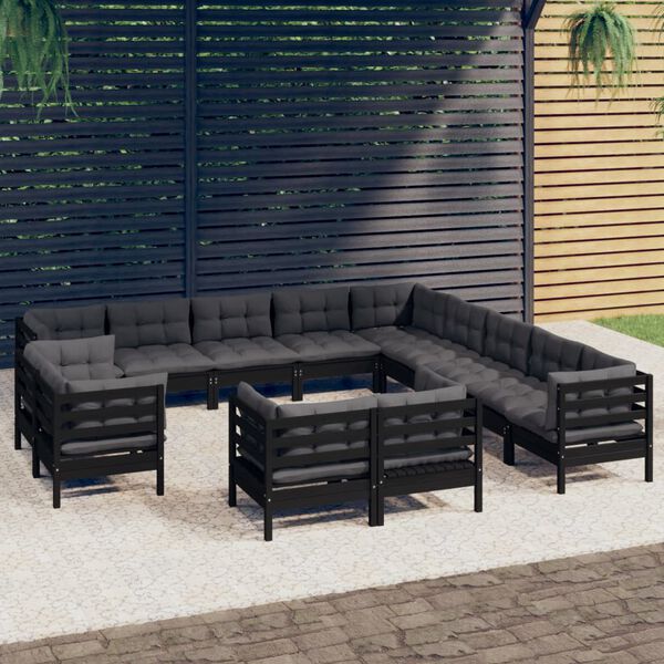 vidaXL 13 pcs conjunto lounge jardim c/ almofad&otilde;es pinho maci&ccedil;o preto