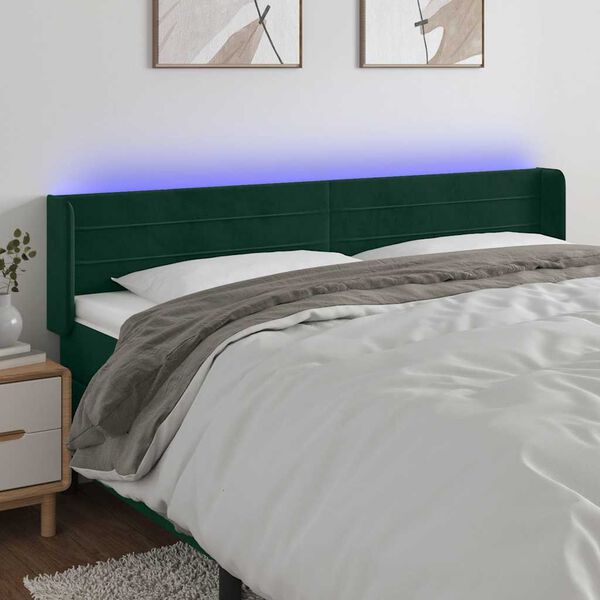 vidaXL Cabeceira cama c/ luzes LED veludo 163x16x78/88 cm verde-escuro