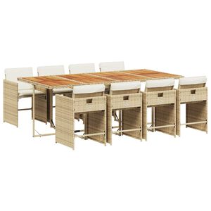vidaXL 9 pcs conjunto de jantar p/ jardim com almofad&otilde;es vime PE bege