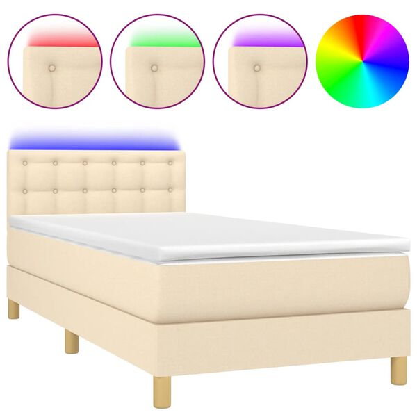vidaXL Cama box spring c/ colch&atilde;o e LED 90x190 cm tecido cor creme