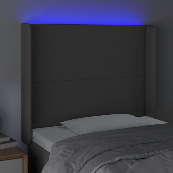 vidaXL Cabeceira cama c/ LED 83x16x118/128cm couro artificial cinzento