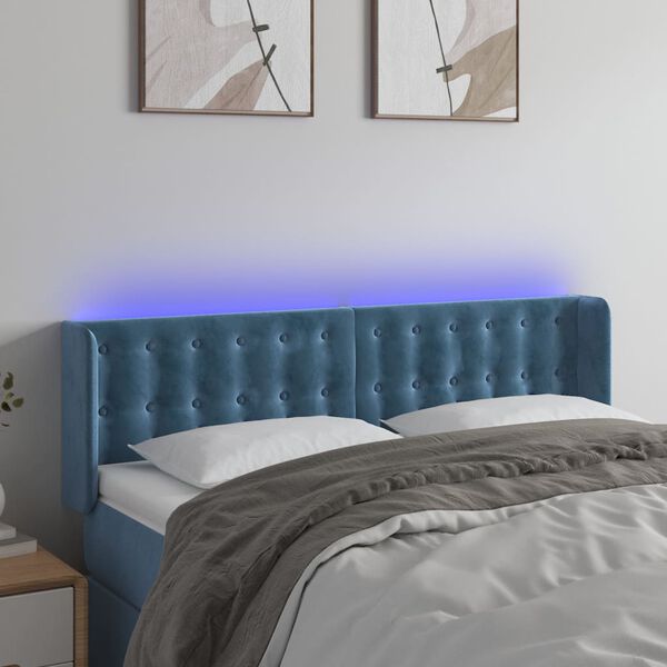 vidaXL Cabeceira cama c/ luzes LED veludo 147x16x78/88 cm azul-escuro