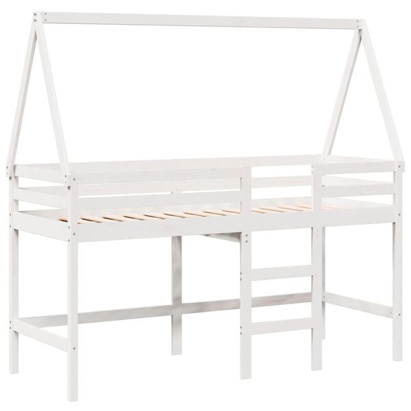 vidaXL Cama alta c/ escada e telhado 90x190 cm pinho maci&ccedil;o branco