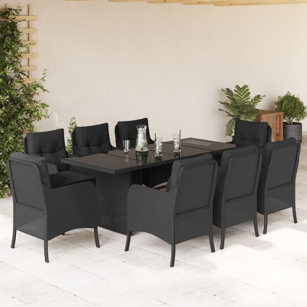vidaXL 9 pcs conjunto de jantar p/ jardim c/ almofad&otilde;es vime PE preto