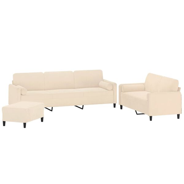vidaXL 3 pcs conjunto sof&aacute;s c/ almofadas/almofad&otilde;es veludo cor creme
