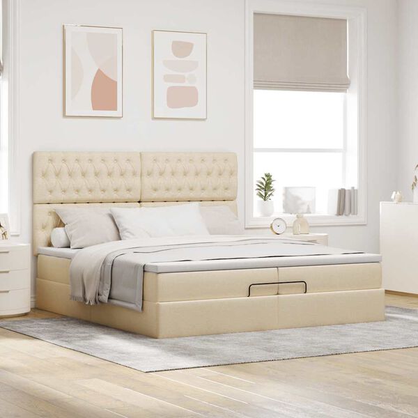 vidaXL Estrutura de cama otomana com colch&otilde;es tecido creme 200x200cm