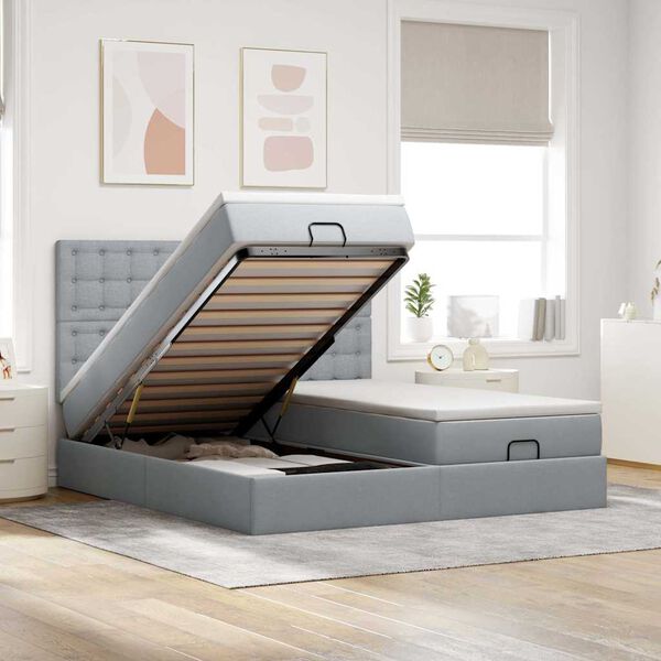 vidaXL Estrutura de cama otomana com colchões tecido cinzento claro