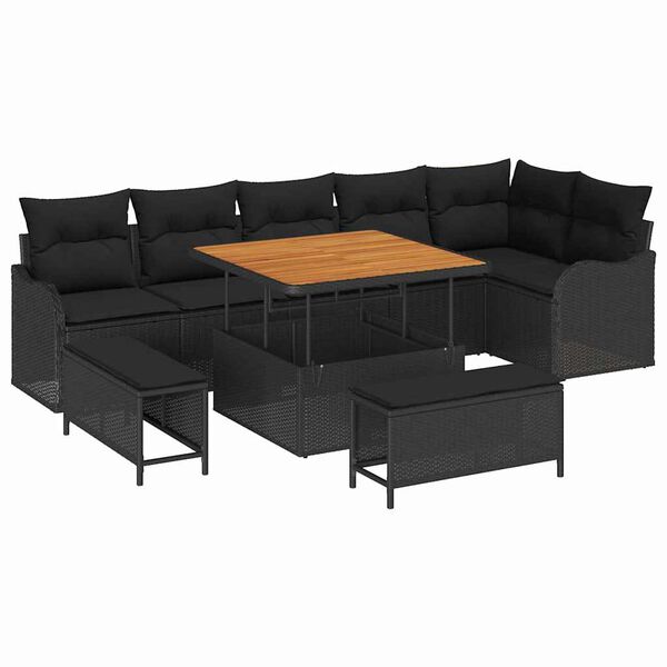 vidaXL Conjunto de Sof&aacute; de Jardim com almofada 9 pcs Preto vime PE