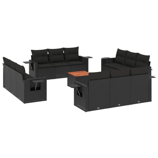 vidaXL 13 pcs conjunto de sof&aacute;s de jardim com almofad&otilde;es vime PE preto