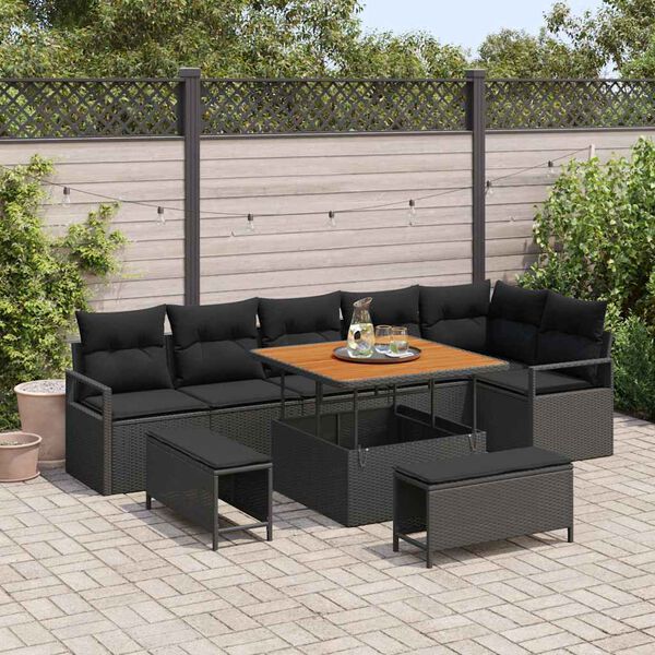 vidaXL Conjunto de Sof&aacute; de Jardim 9 pcs Preto Rattan Sint&eacute;tico