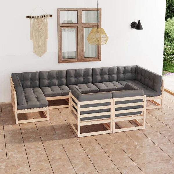 vidaXL 9 pcs conjunto lounge de jardim c/ almofadões pinho maciço