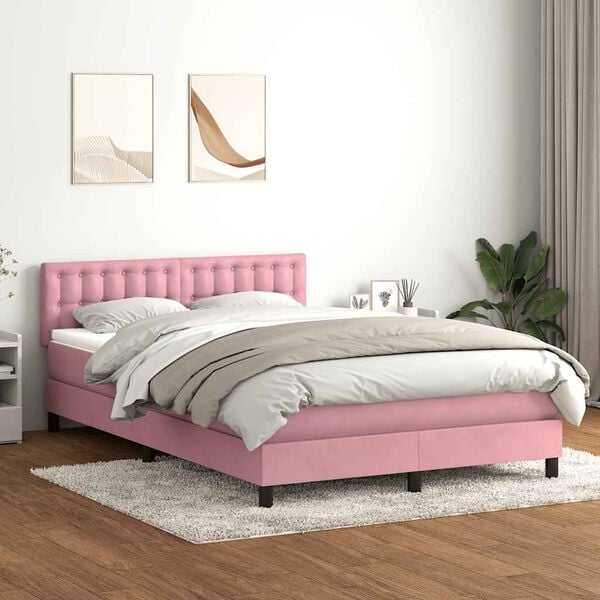 vidaXL Cama box spring c/ colch&atilde;o e LED 140x210 cm veludo Rosa