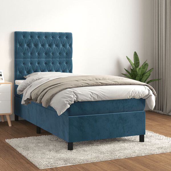 vidaXL Cama com molas/colch&atilde;o 90x190 cm veludo azul-escuro