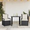 vidaXL 3 pcs conjunto de jantar p/ jardim c/ almofad&otilde;es vime PE preto