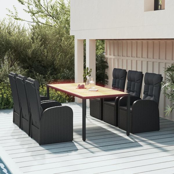 vidaXL 7 pcs conjunto de jantar p/ jardim c/ almofad&otilde;es vime PE preto
